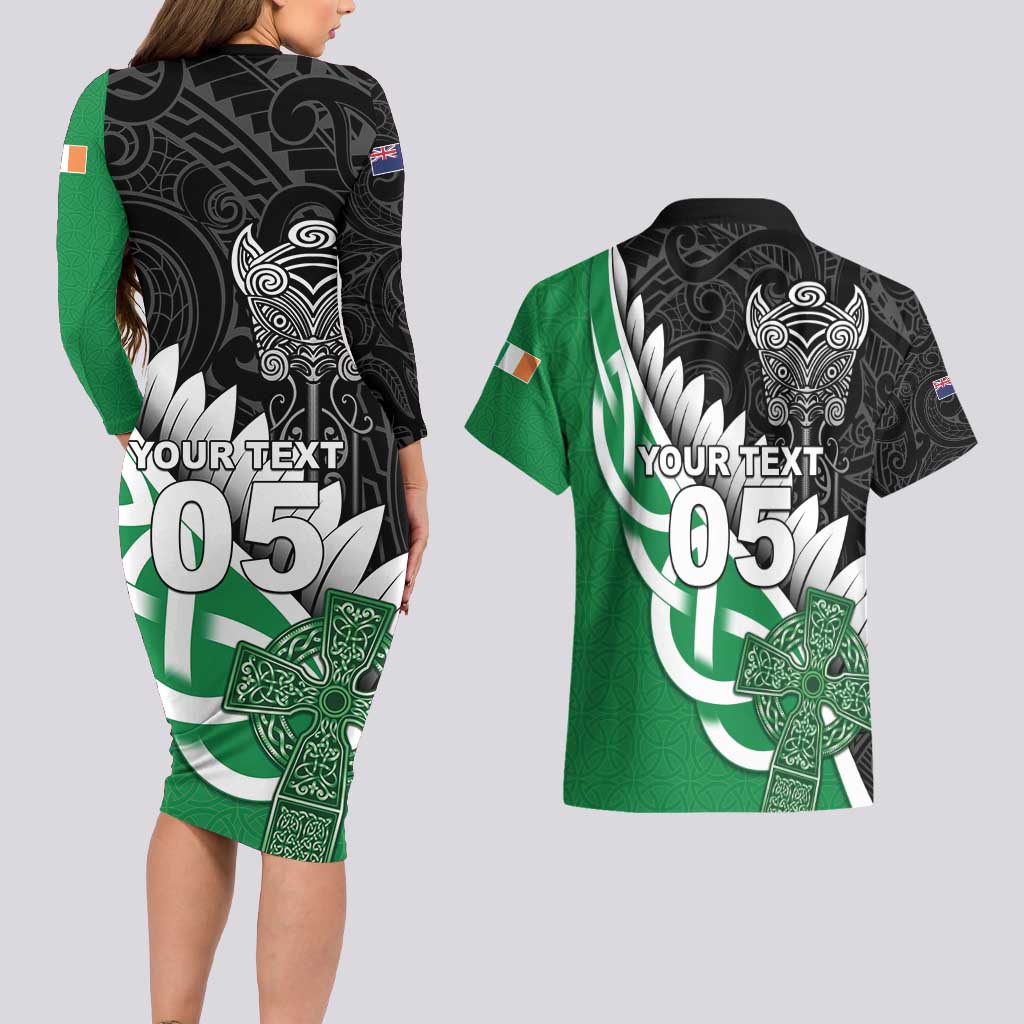 New Zealand And Ireland Rugby Custom Couples Matching Long Sleeve Bodycon Dress and Hawaiian Shirt Silver Fern With Celtic Cross