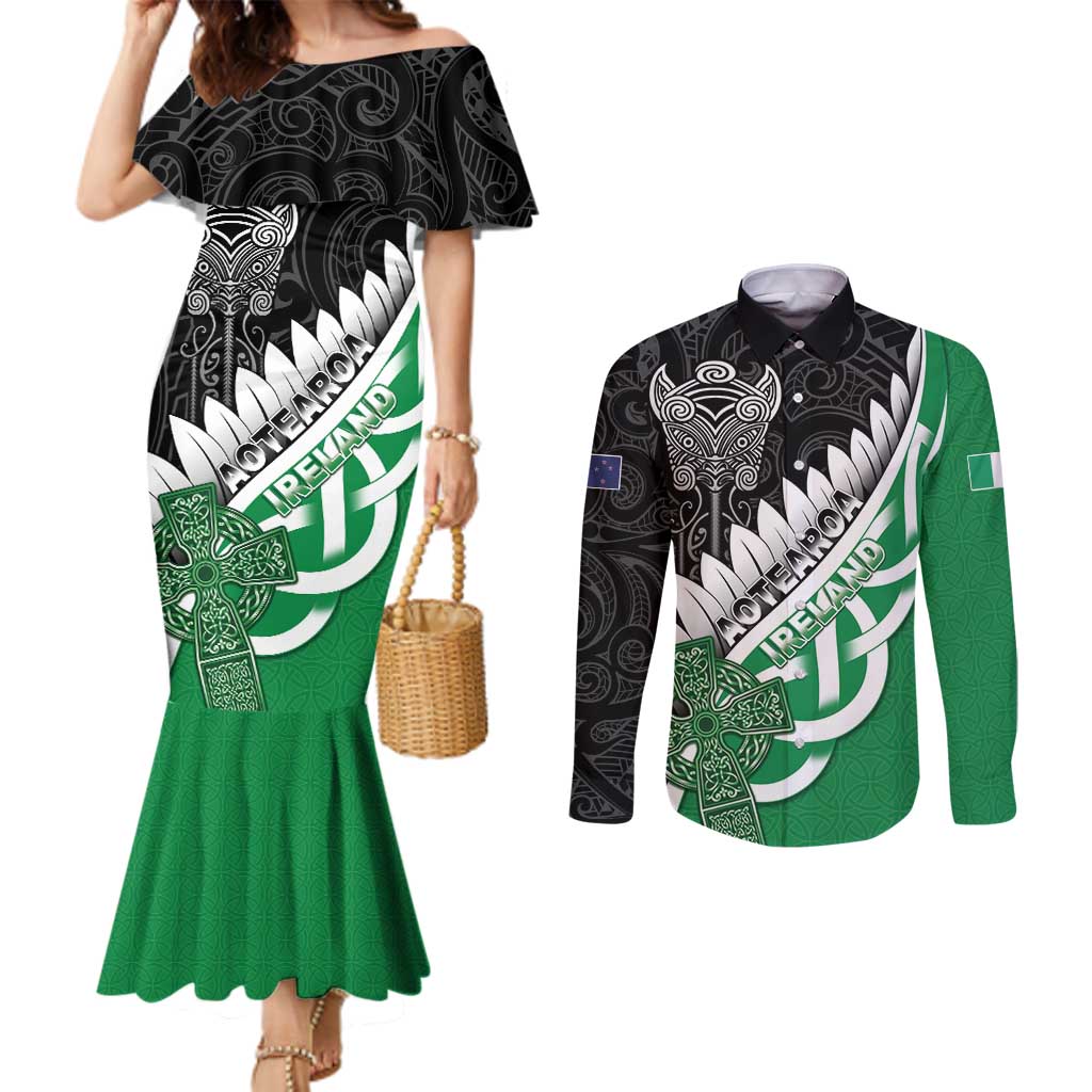 New Zealand And Ireland Rugby Custom Couples Matching Mermaid Dress and Long Sleeve Button Shirt Silver Fern With Celtic Cross