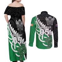 New Zealand And Ireland Rugby Custom Couples Matching Off Shoulder Maxi Dress and Long Sleeve Button Shirt Silver Fern With Celtic Cross