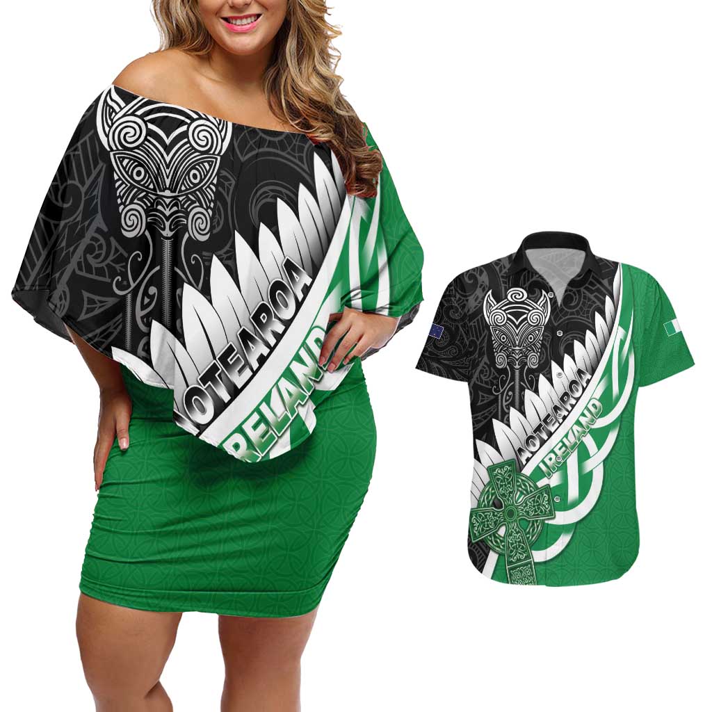 New Zealand And Ireland Rugby Custom Couples Matching Off Shoulder Short Dress and Hawaiian Shirt Silver Fern With Celtic Cross