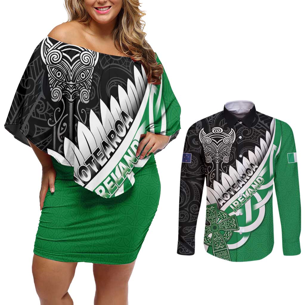 New Zealand And Ireland Rugby Custom Couples Matching Off Shoulder Short Dress and Long Sleeve Button Shirt Silver Fern With Celtic Cross