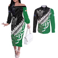 New Zealand And Ireland Rugby Custom Couples Matching Off The Shoulder Long Sleeve Dress and Long Sleeve Button Shirt Silver Fern With Celtic Cross