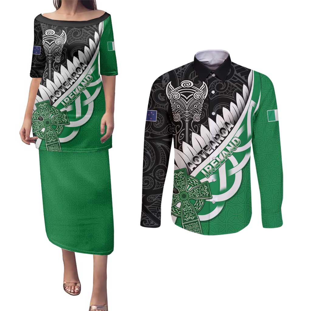 New Zealand And Ireland Rugby Custom Couples Matching Puletasi and Long Sleeve Button Shirt Silver Fern With Celtic Cross