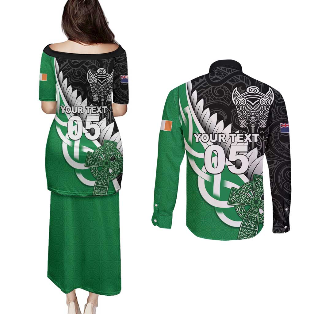 New Zealand And Ireland Rugby Custom Couples Matching Puletasi and Long Sleeve Button Shirt Silver Fern With Celtic Cross