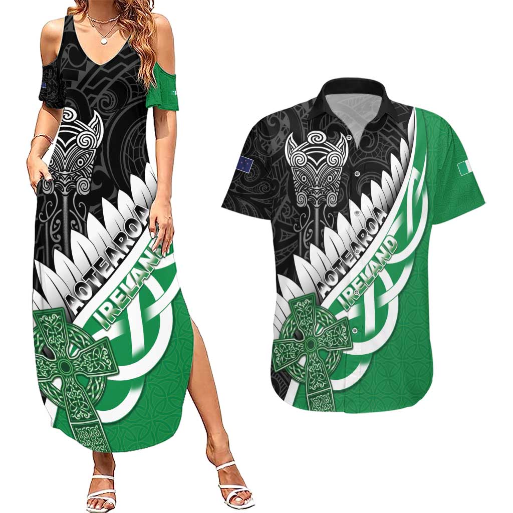 New Zealand And Ireland Rugby Custom Couples Matching Summer Maxi Dress and Hawaiian Shirt Silver Fern With Celtic Cross