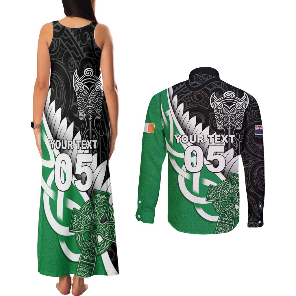 New Zealand And Ireland Rugby Custom Couples Matching Tank Maxi Dress and Long Sleeve Button Shirt Silver Fern With Celtic Cross