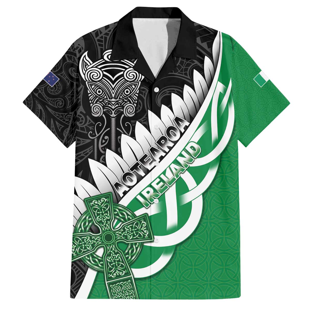 New Zealand And Ireland Rugby Custom Family Matching Off The Shoulder Long Sleeve Dress and Hawaiian Shirt Silver Fern With Celtic Cross