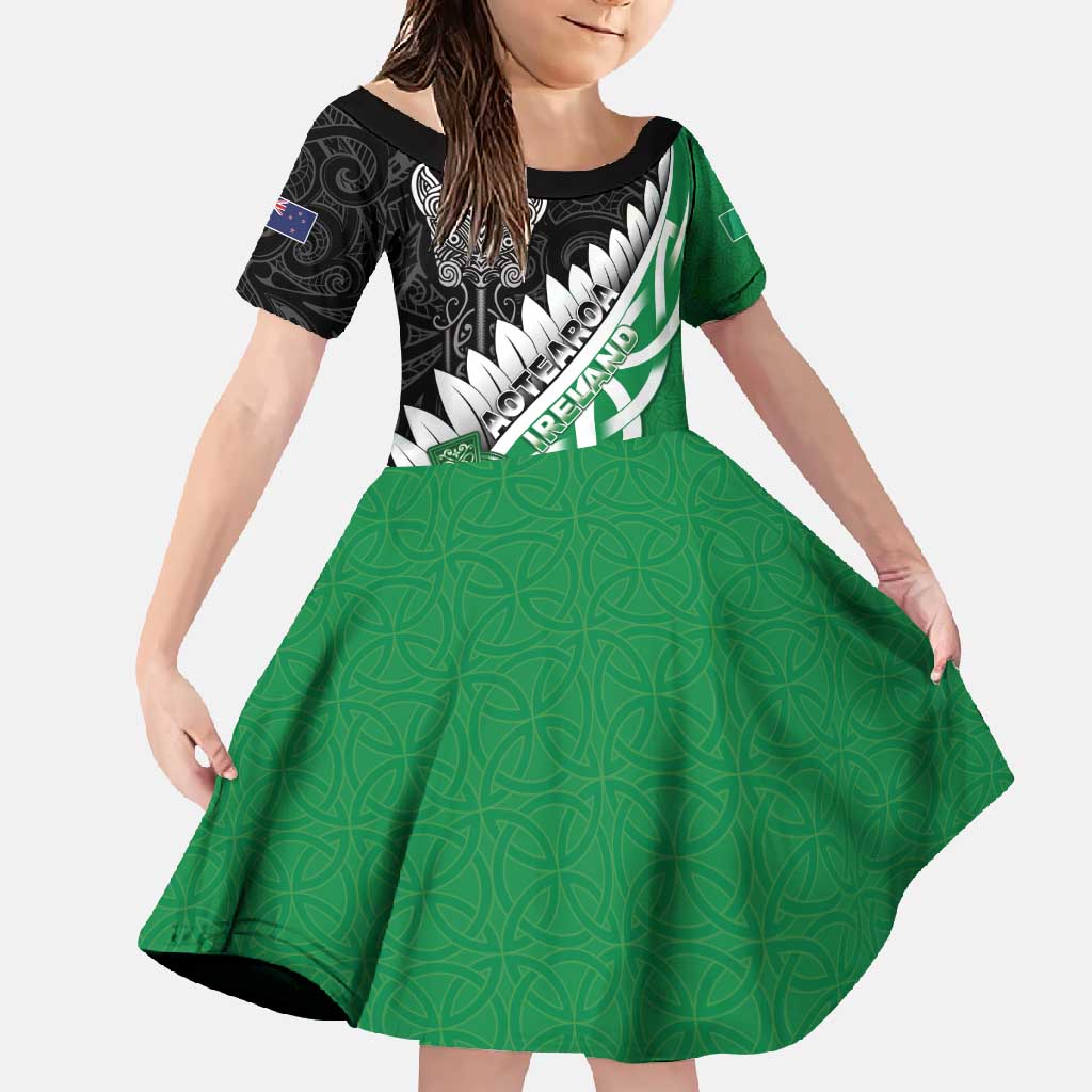 New Zealand And Ireland Rugby Custom Family Matching Short Sleeve Bodycon Dress and Hawaiian Shirt Silver Fern With Celtic Cross