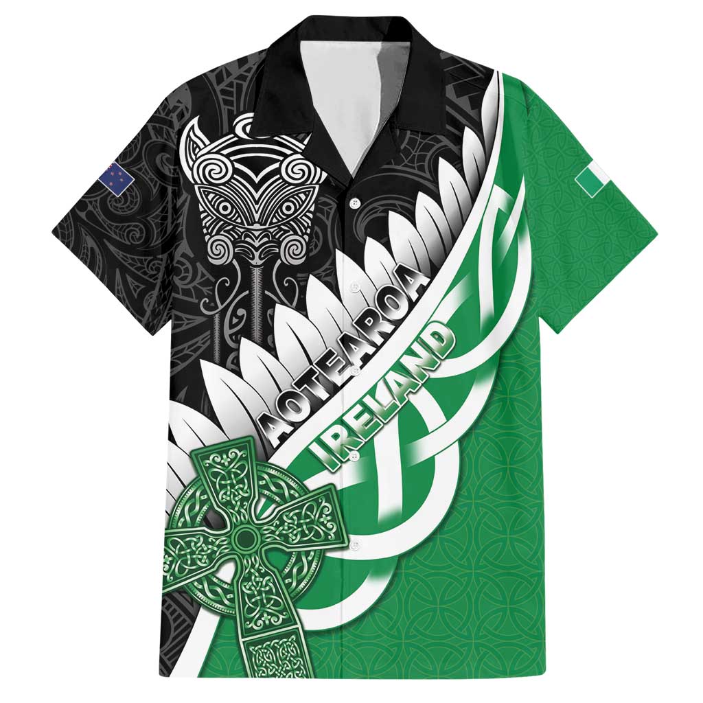 New Zealand And Ireland Rugby Custom Family Matching Short Sleeve Bodycon Dress and Hawaiian Shirt Silver Fern With Celtic Cross