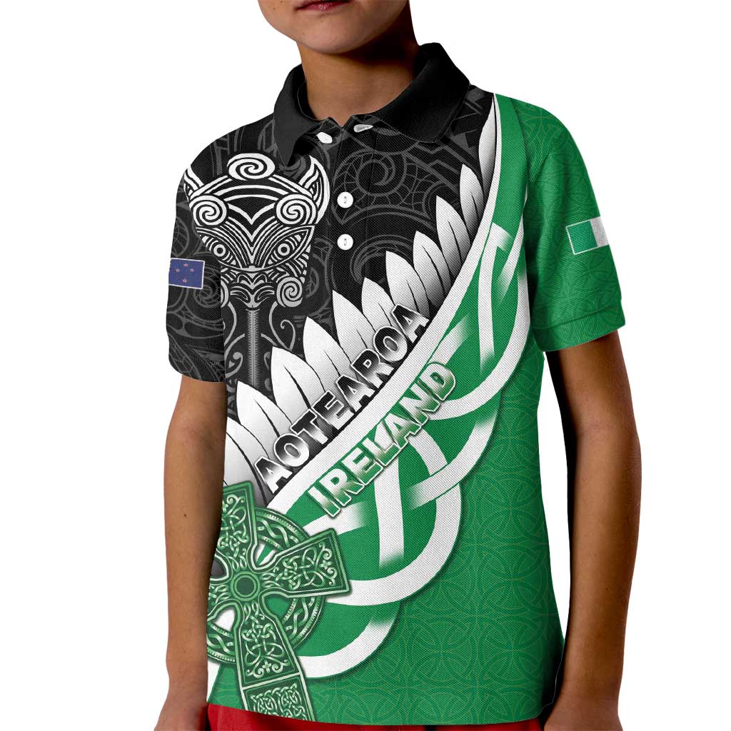 New Zealand And Ireland Rugby Custom Kid Polo Shirt Silver Fern With Celtic Cross