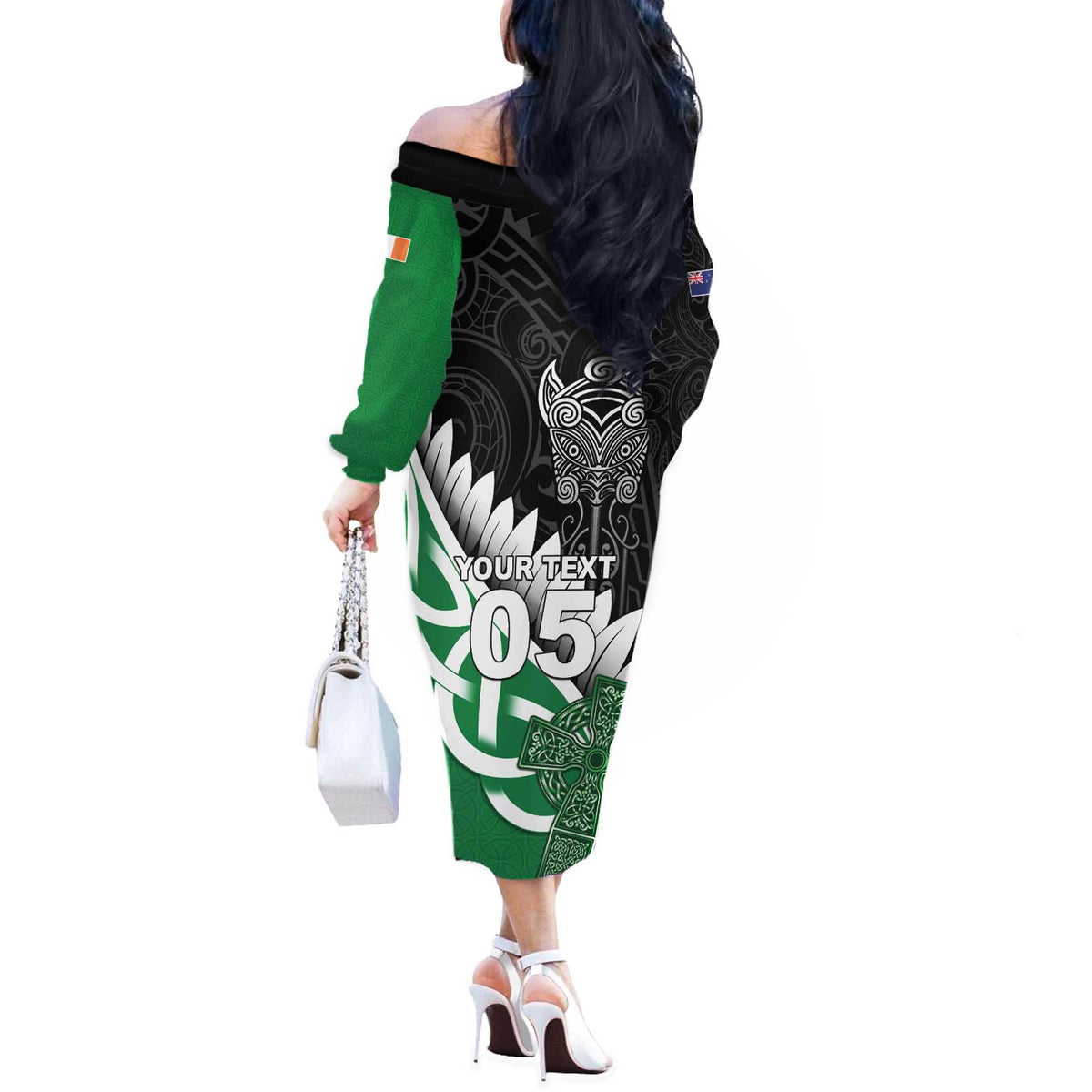 New Zealand And Ireland Rugby Custom Off The Shoulder Long Sleeve Dress Silver Fern With Celtic Cross