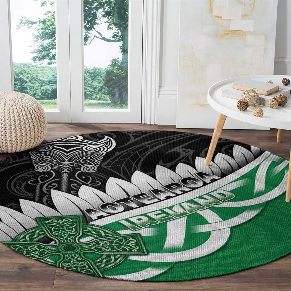 New Zealand And Ireland Rugby Round Carpet Silver Fern With Celtic Cross