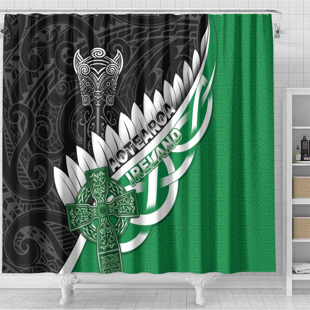 New Zealand And Ireland Rugby Shower Curtain Silver Fern With Celtic Cross