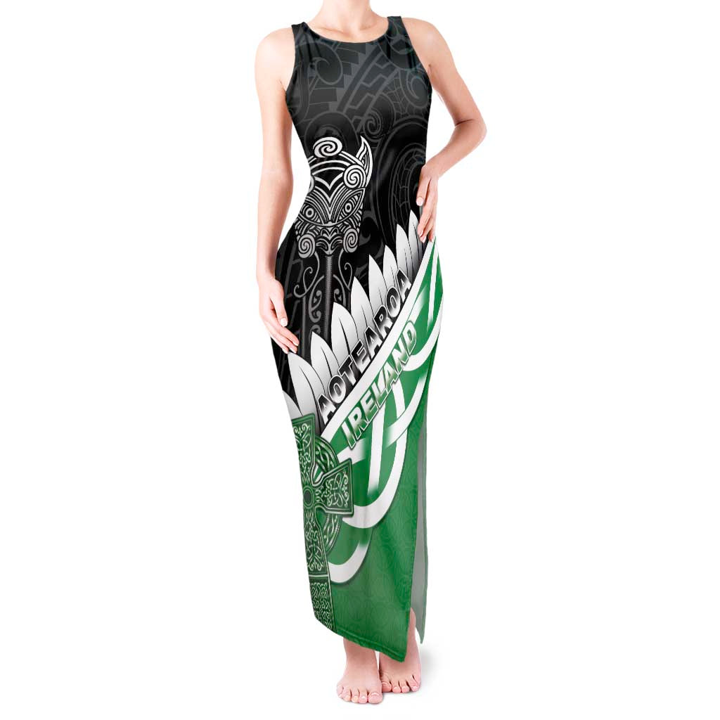 New Zealand And Ireland Rugby Custom Tank Maxi Dress Silver Fern With Celtic Cross