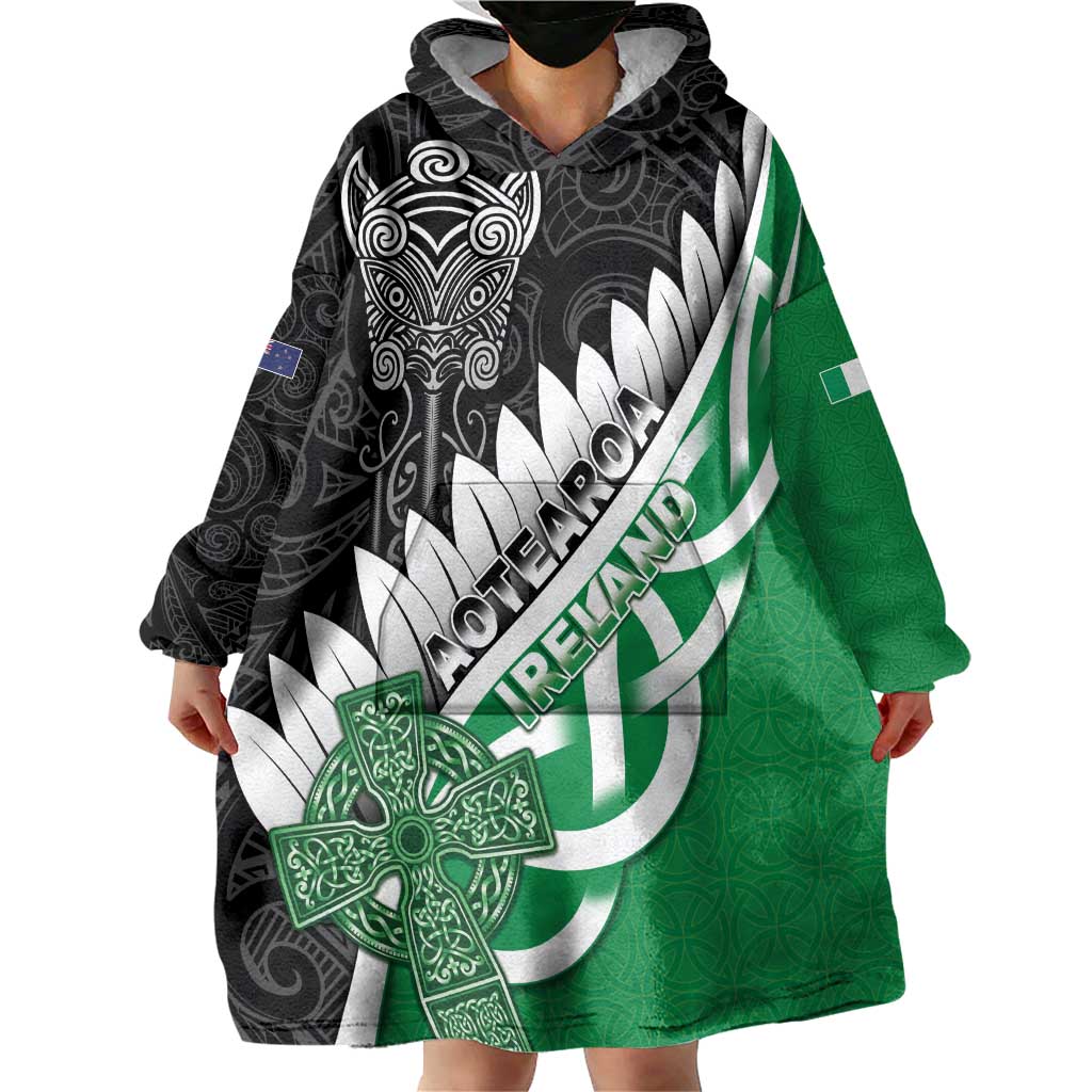 New Zealand And Ireland Rugby Custom Wearable Blanket Hoodie Silver Fern With Celtic Cross