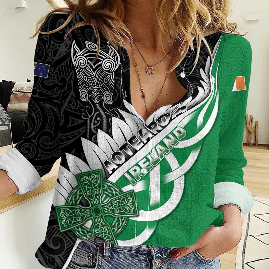 New Zealand And Ireland Rugby Custom Women Casual Shirt Silver Fern With Celtic Cross