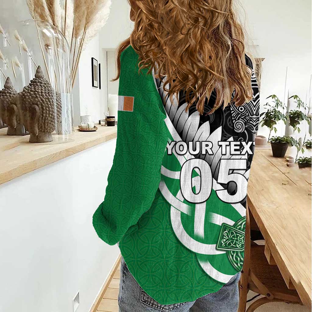 New Zealand And Ireland Rugby Custom Women Casual Shirt Silver Fern With Celtic Cross
