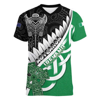 New Zealand And Ireland Rugby Custom Women V-Neck T-Shirt Silver Fern With Celtic Cross