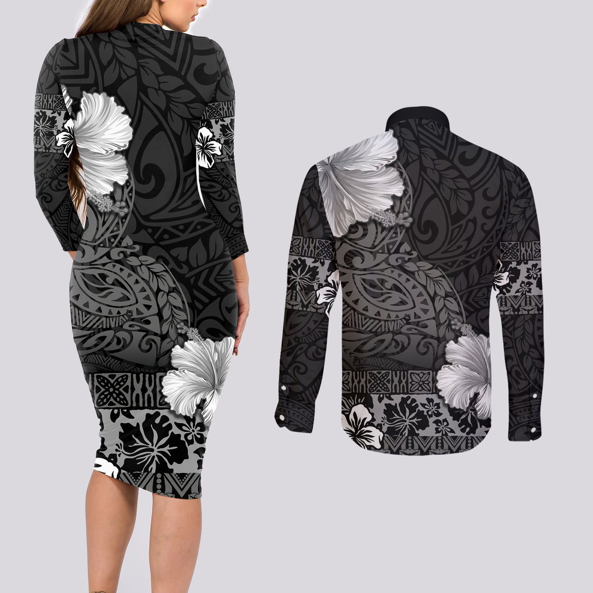 Hawaii Hibiscus With Black Polynesian Pattern Couples Matching Long Sleeve Bodycon Dress and Long Sleeve Button Shirt