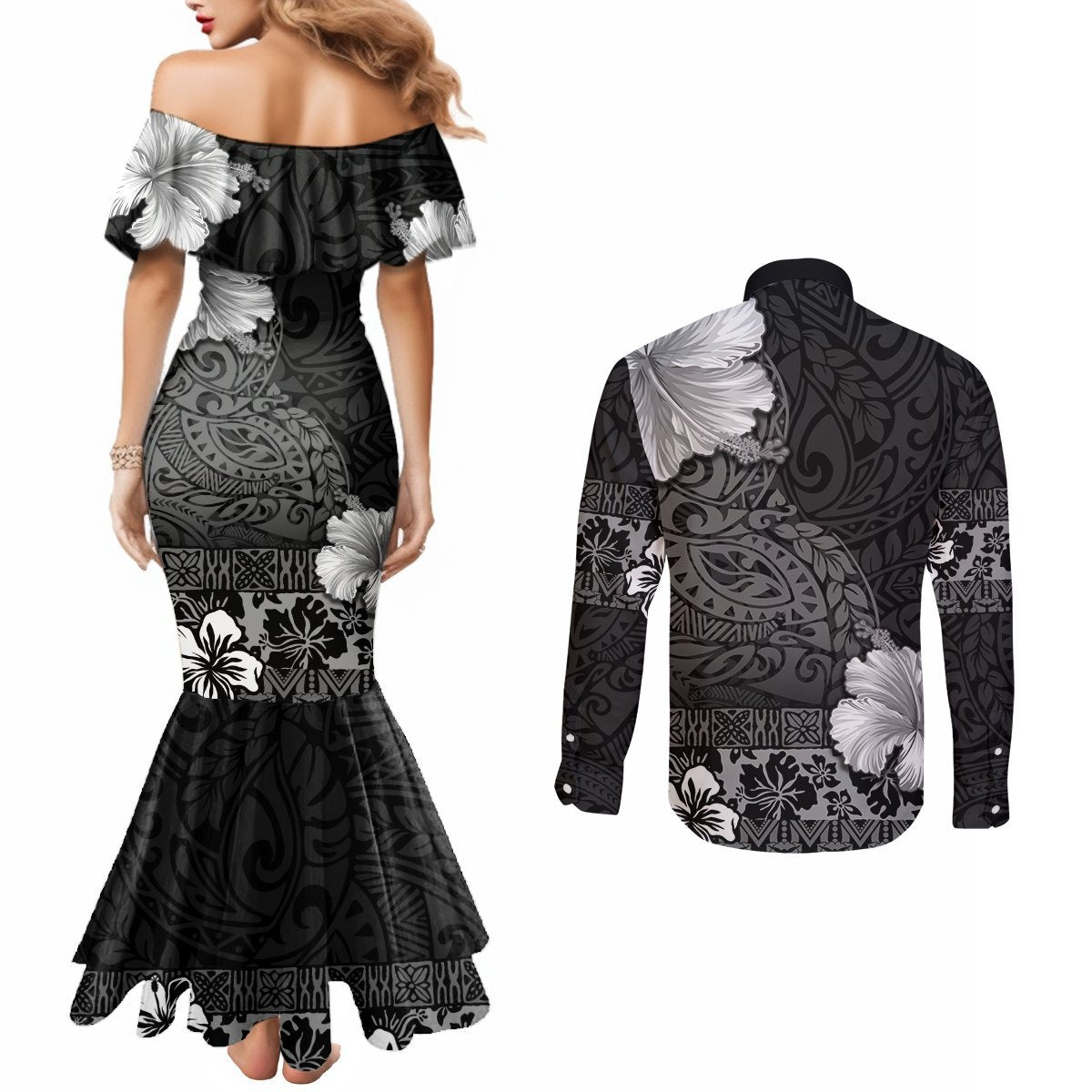 Hawaii Hibiscus With Black Polynesian Pattern Couples Matching Mermaid Dress and Long Sleeve Button Shirt LT05 - Polynesian Pride