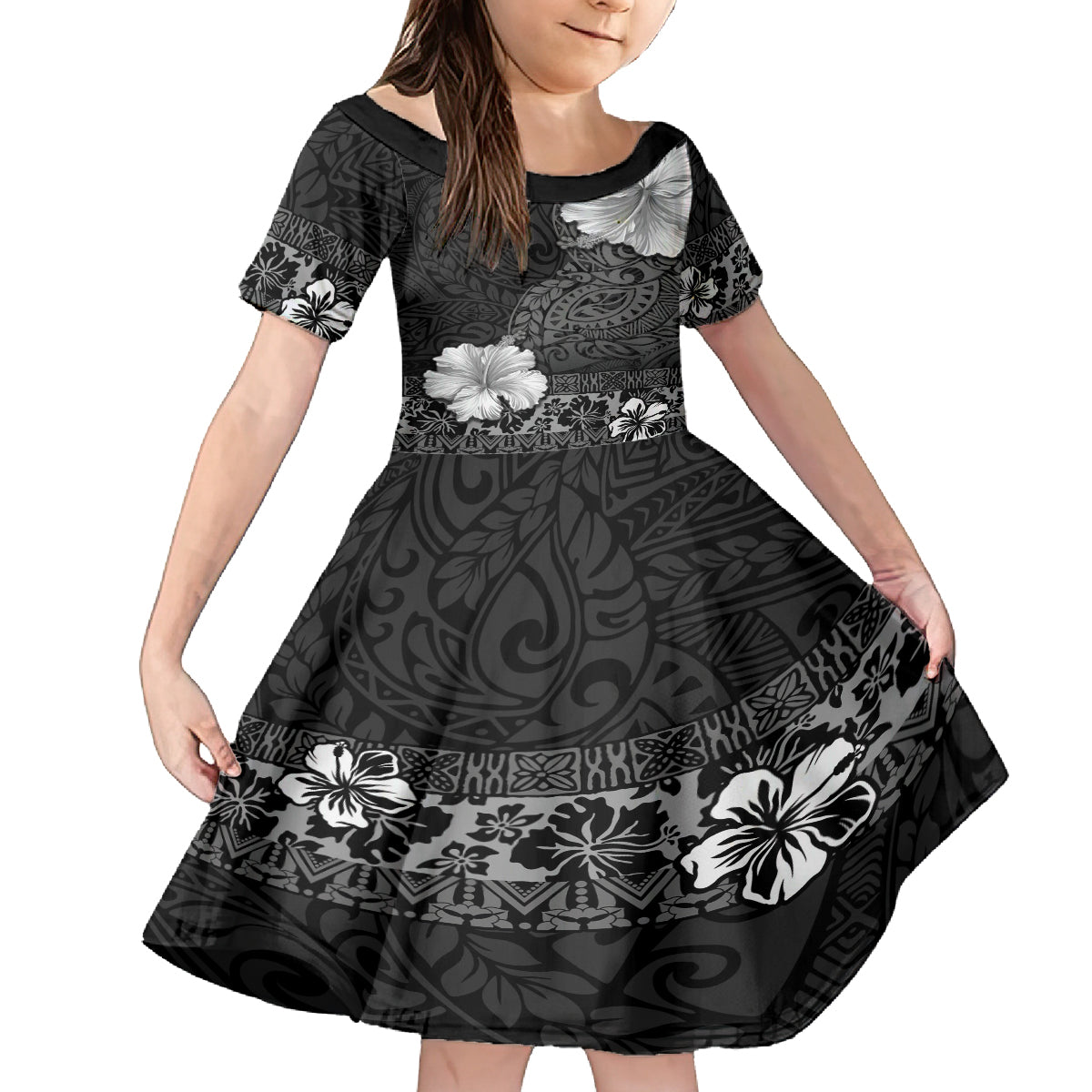 Hawaii Hibiscus With Black Polynesian Pattern Family Matching Long Sleeve Bodycon Dress and Hawaiian Shirt LT05 Daughter's Dress Black - Polynesian Pride
