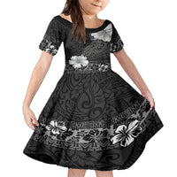 Hawaii Hibiscus With Black Polynesian Pattern Family Matching Long Sleeve Bodycon Dress and Hawaiian Shirt LT05 Daughter's Dress Black - Polynesian Pride