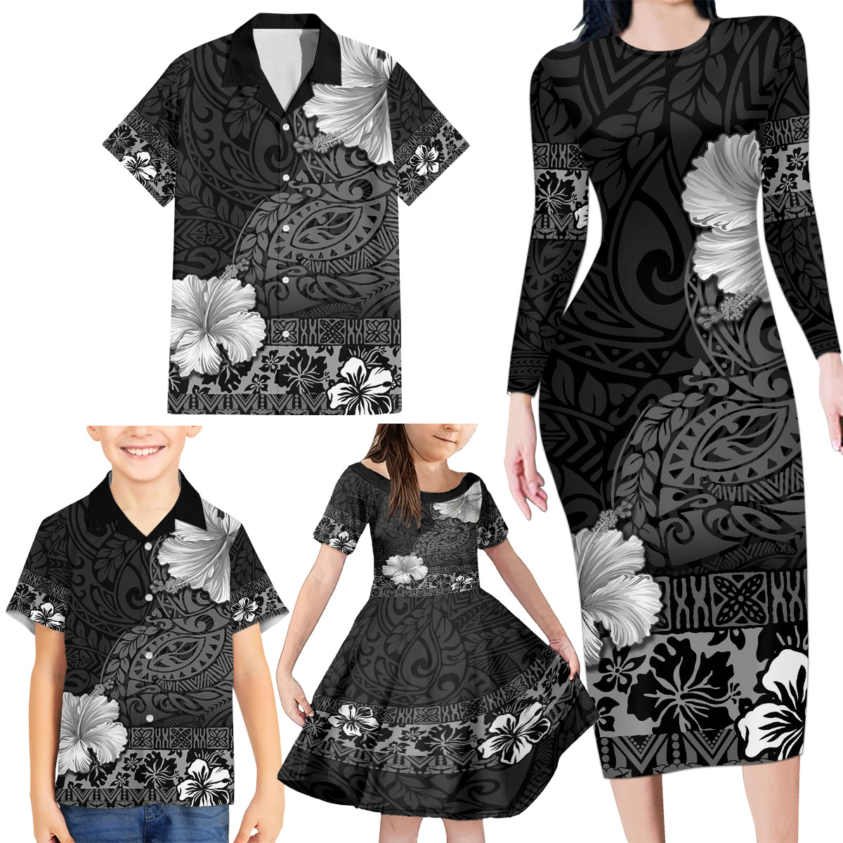 Hawaii Hibiscus With Black Polynesian Pattern Family Matching Long Sleeve Bodycon Dress and Hawaiian Shirt LT05 - Polynesian Pride