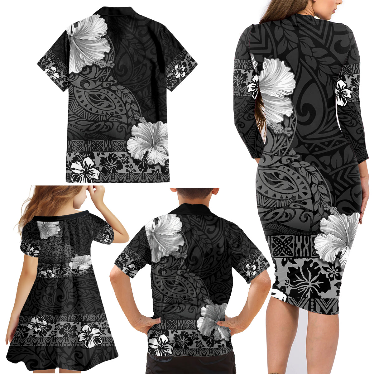 Hawaii Hibiscus With Black Polynesian Pattern Family Matching Long Sleeve Bodycon Dress and Hawaiian Shirt LT05 - Polynesian Pride