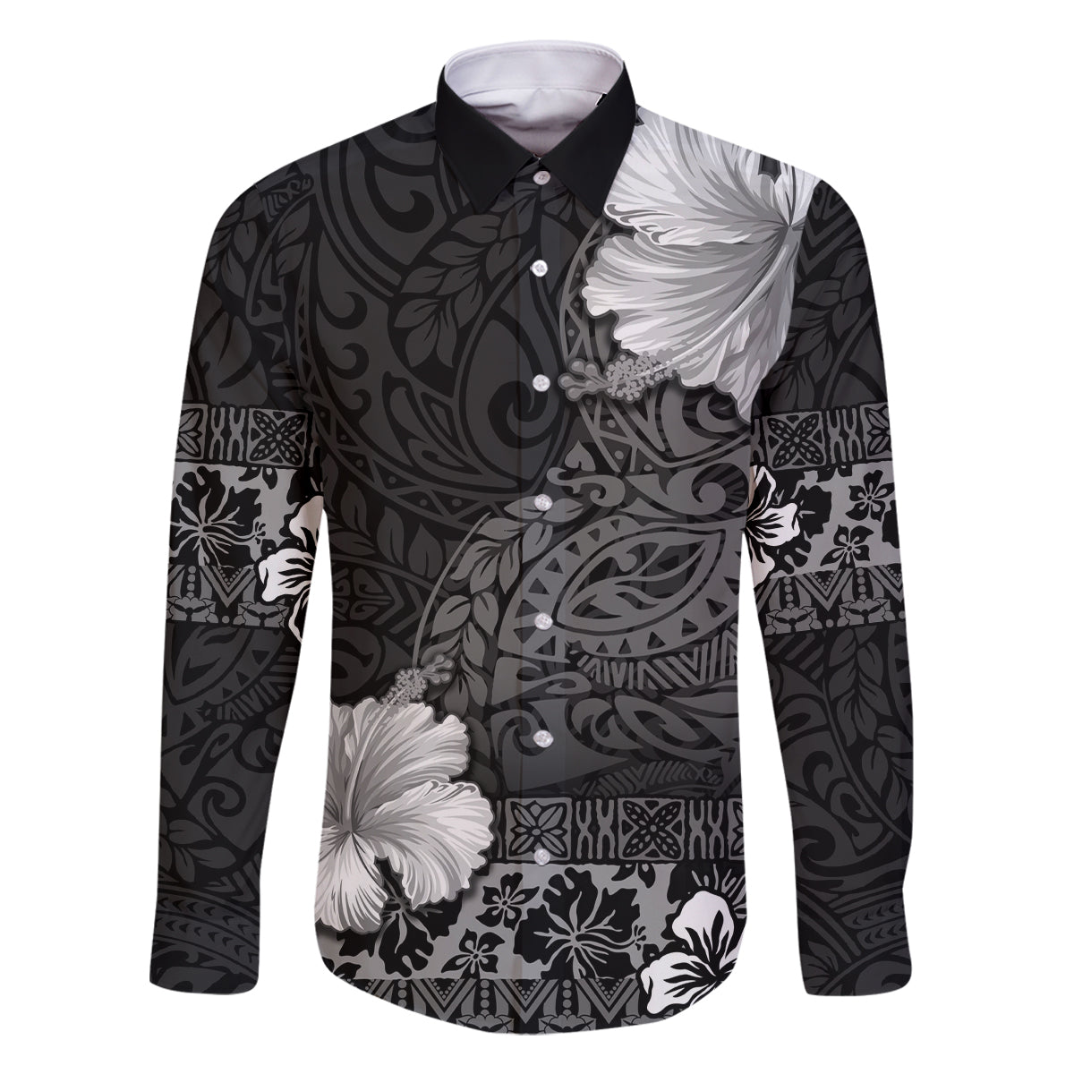 Hawaii Hibiscus With Black Polynesian Pattern Family Matching Long Sleeve Bodycon Dress and Hawaiian Shirt LT05 Dad's Shirt - Long Sleeve Black - Polynesian Pride