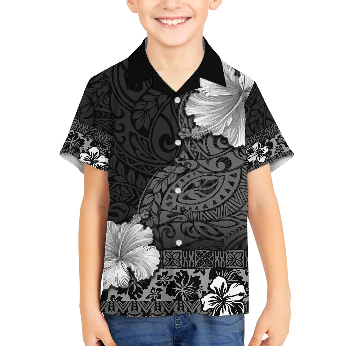 Hawaii Hibiscus With Black Polynesian Pattern Family Matching Long Sleeve Bodycon Dress and Hawaiian Shirt LT05 Son's Shirt Black - Polynesian Pride