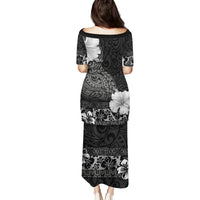 Hawaii Hibiscus With Black Polynesian Pattern Family Matching Puletasi and Hawaiian Shirt