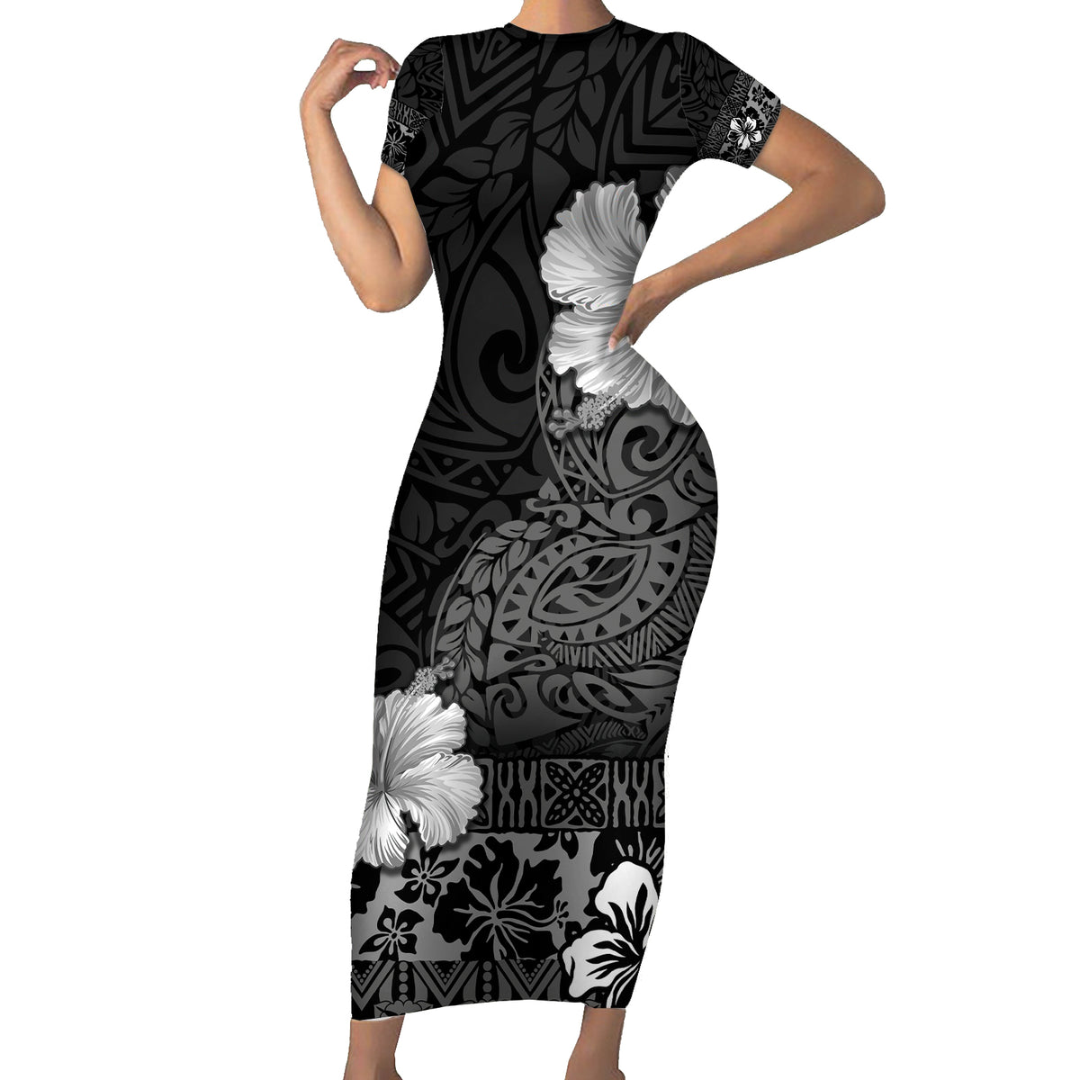Hawaii Hibiscus With Black Polynesian Pattern Family Matching Short Sleeve Bodycon Dress and Hawaiian Shirt