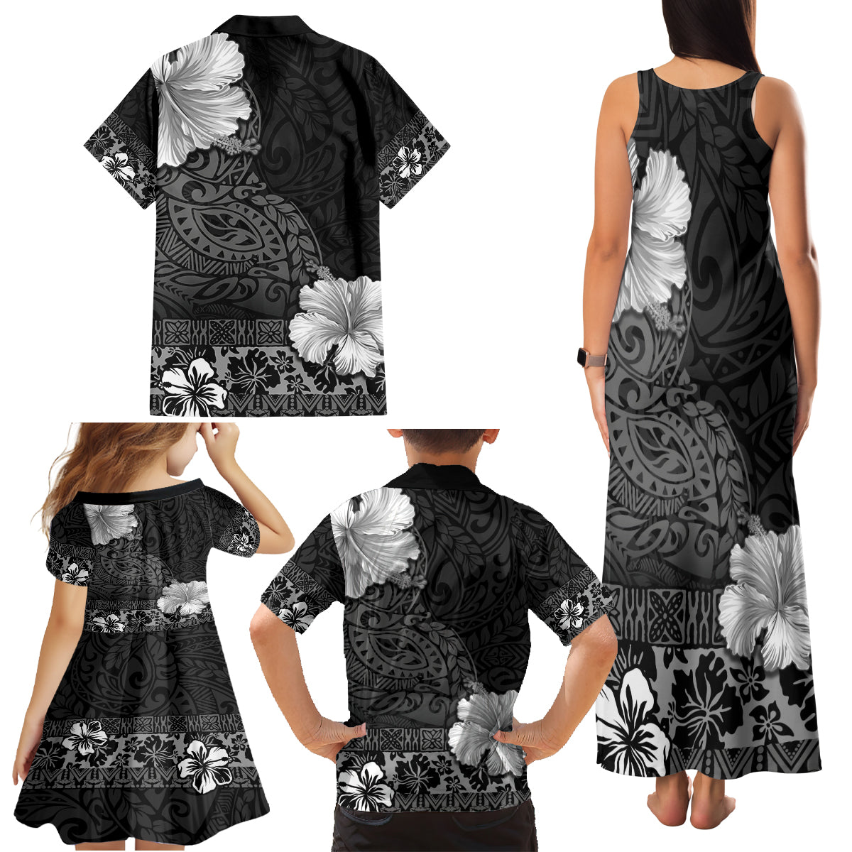 Hawaii Hibiscus With Black Polynesian Pattern Family Matching Tank Maxi Dress and Hawaiian Shirt