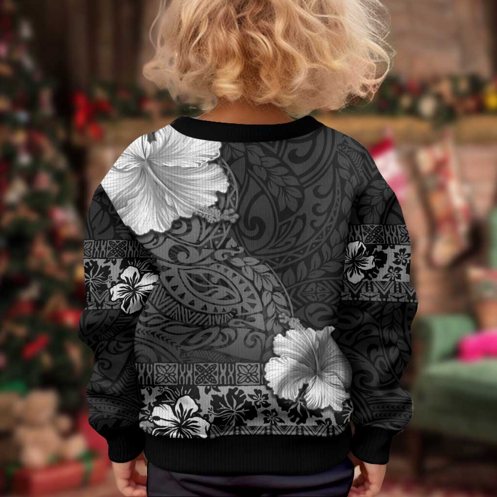 Hawaii Hibiscus With Black Polynesian Pattern Kid Ugly Christmas Sweater
