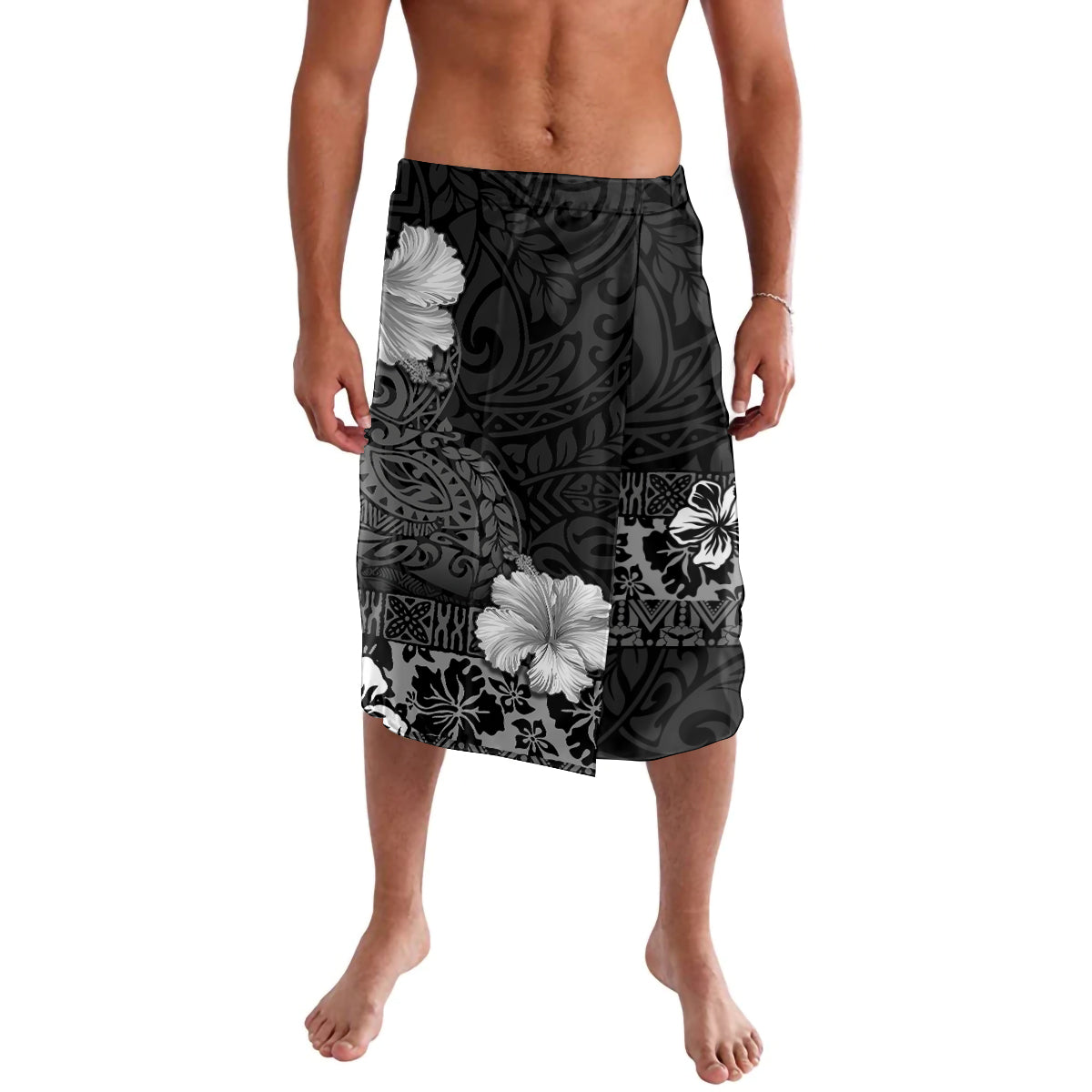 Hawaii Hibiscus With Black Polynesian Pattern Lavalava