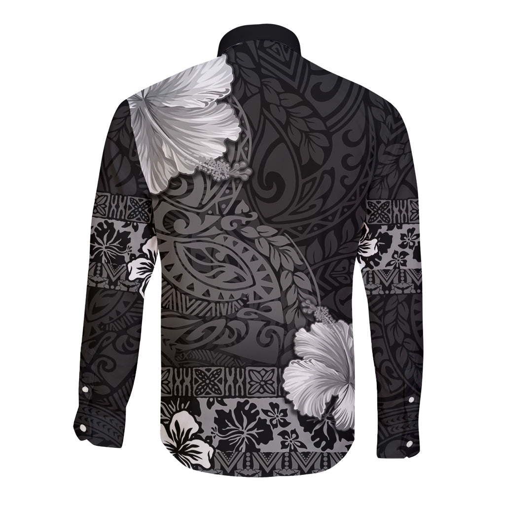 Hawaii Hibiscus With Black Polynesian Pattern Long Sleeve Button Shirt