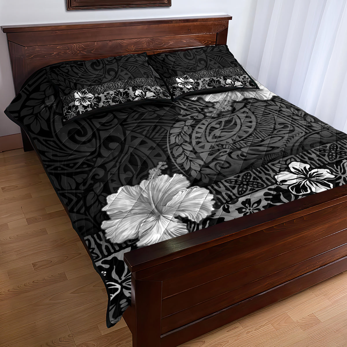 Hawaii Hibiscus With Black Polynesian Pattern Quilt Bed Set