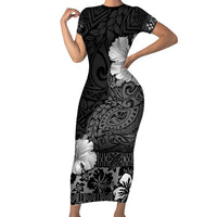 Hawaii Hibiscus With Black Polynesian Pattern Short Sleeve Bodycon Dress LT05