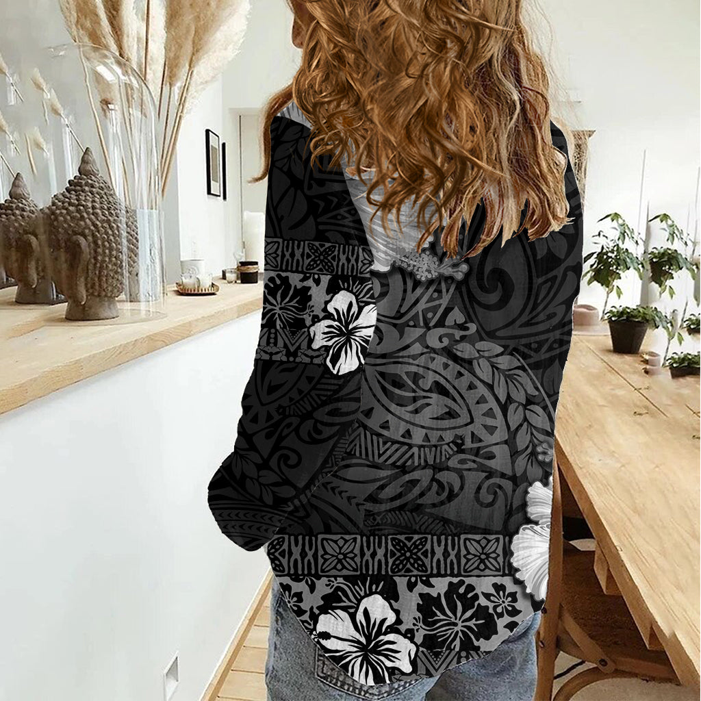 Hawaii Hibiscus With Black Polynesian Pattern Women Casual Shirt