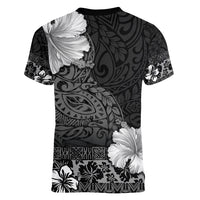 Hawaii Hibiscus With Black Polynesian Pattern Women V-Neck T-Shirt
