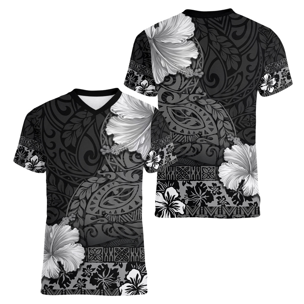 Hawaii Hibiscus With Black Polynesian Pattern Women V-Neck T-Shirt