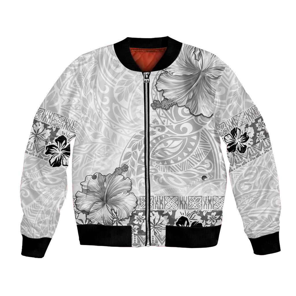 Hawaii Hibiscus With White Polynesian Pattern Bomber Jacket LT05 Unisex White - Polynesian Pride