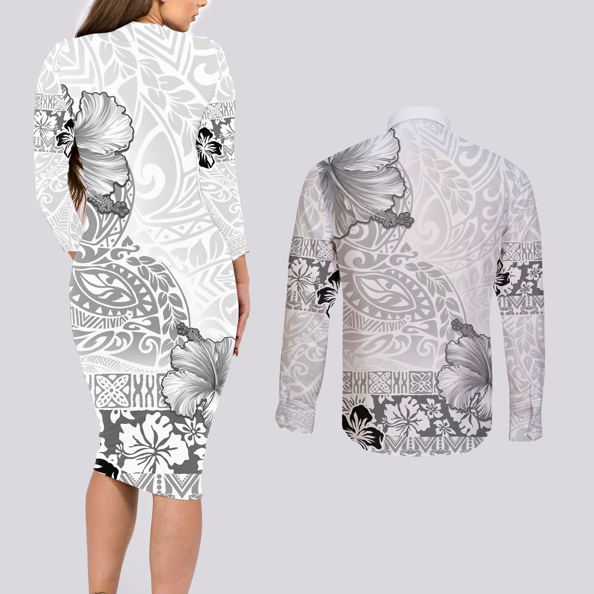 Hawaii Hibiscus With White Polynesian Pattern Couples Matching Long Sleeve Bodycon Dress and Long Sleeve Button Shirt