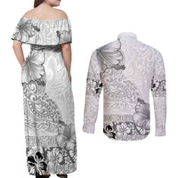 Hawaii Hibiscus With White Polynesian Pattern Couples Matching Off Shoulder Maxi Dress and Long Sleeve Button Shirt