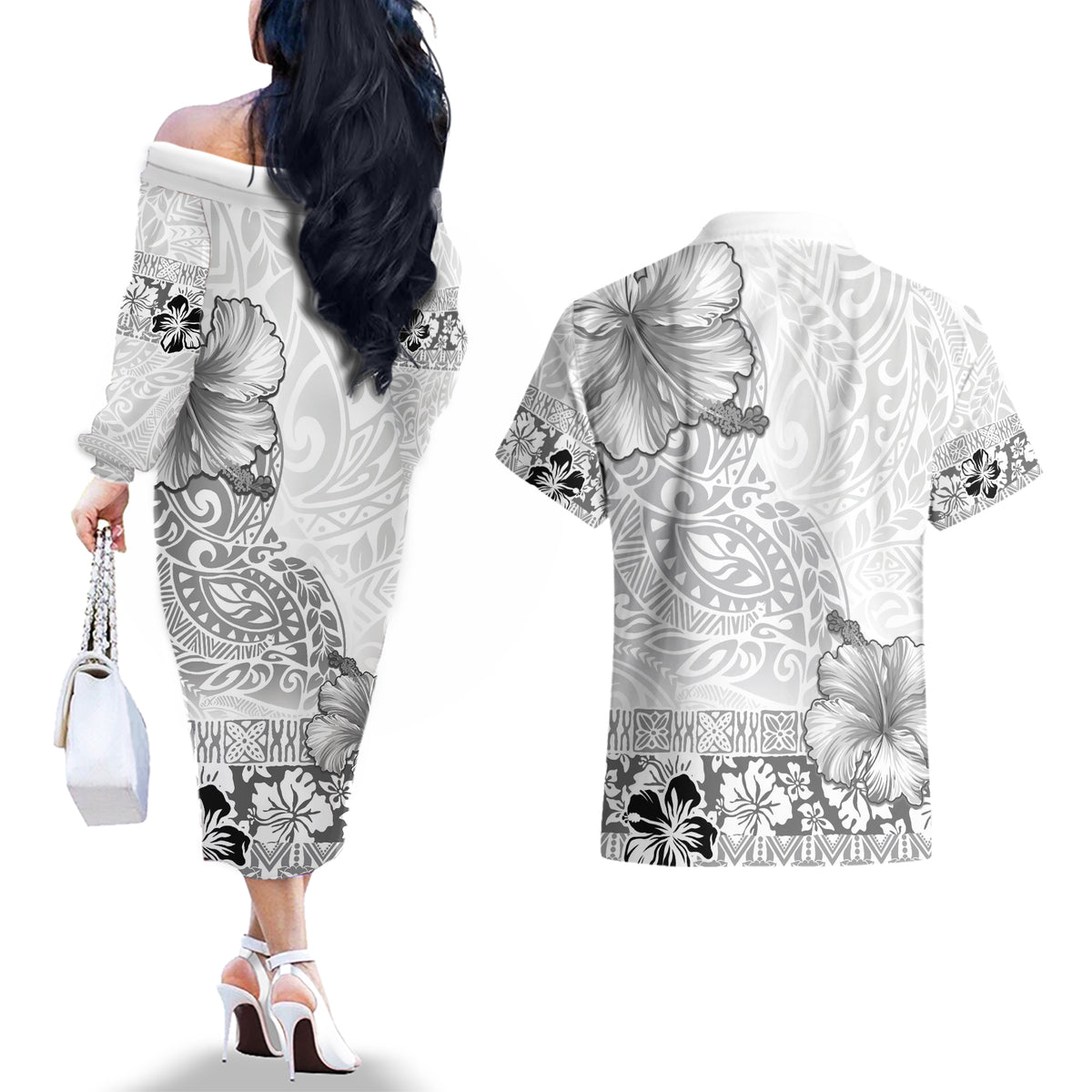 Hawaii Hibiscus With White Polynesian Pattern Couples Matching Off The Shoulder Long Sleeve Dress and Hawaiian Shirt