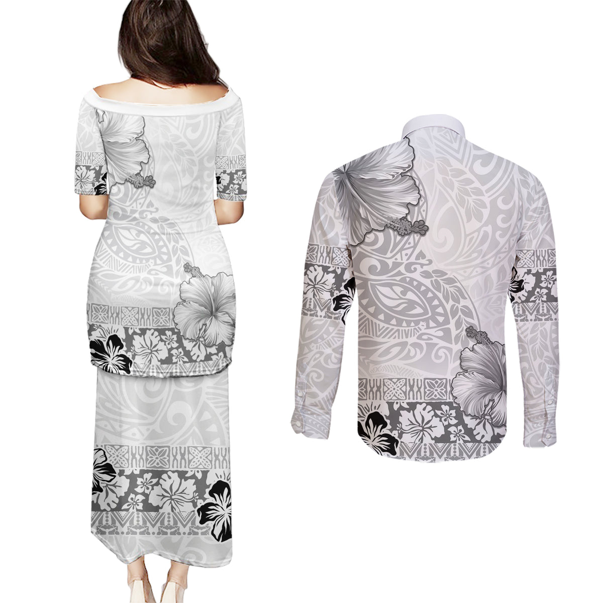 Hawaii Hibiscus With White Polynesian Pattern Couples Matching Puletasi and Long Sleeve Button Shirt