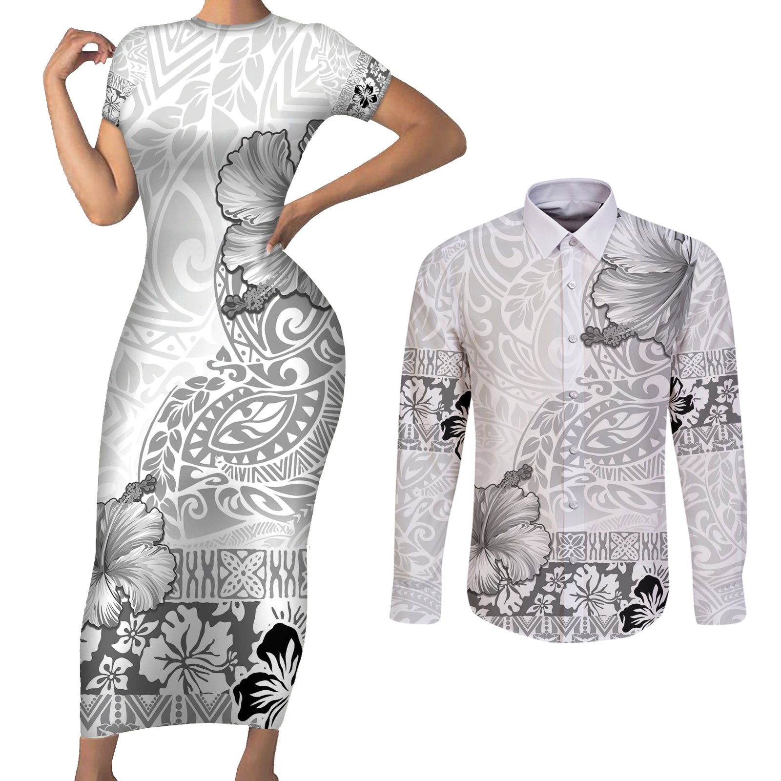 Hawaii Hibiscus With White Polynesian Pattern Couples Matching Short Sleeve Bodycon Dress and Long Sleeve Button Shirt LT05 White - Polynesian Pride