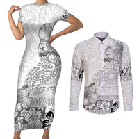 Hawaii Hibiscus With White Polynesian Pattern Couples Matching Short Sleeve Bodycon Dress and Long Sleeve Button Shirt