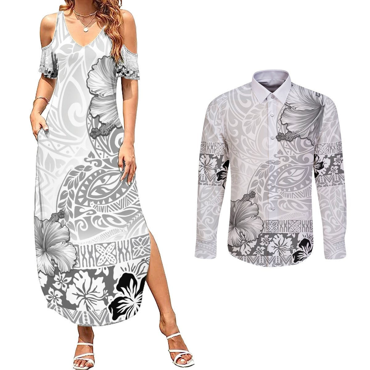 Hawaii Hibiscus With White Polynesian Pattern Couples Matching Summer Maxi Dress and Long Sleeve Button Shirt