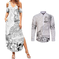 Hawaii Hibiscus With White Polynesian Pattern Couples Matching Summer Maxi Dress and Long Sleeve Button Shirt